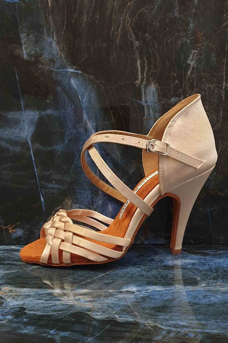  Latin dance shoes with crystals, for wedding, satin and natural leather wedding, apricot color, heel 10 cm slim, Sally