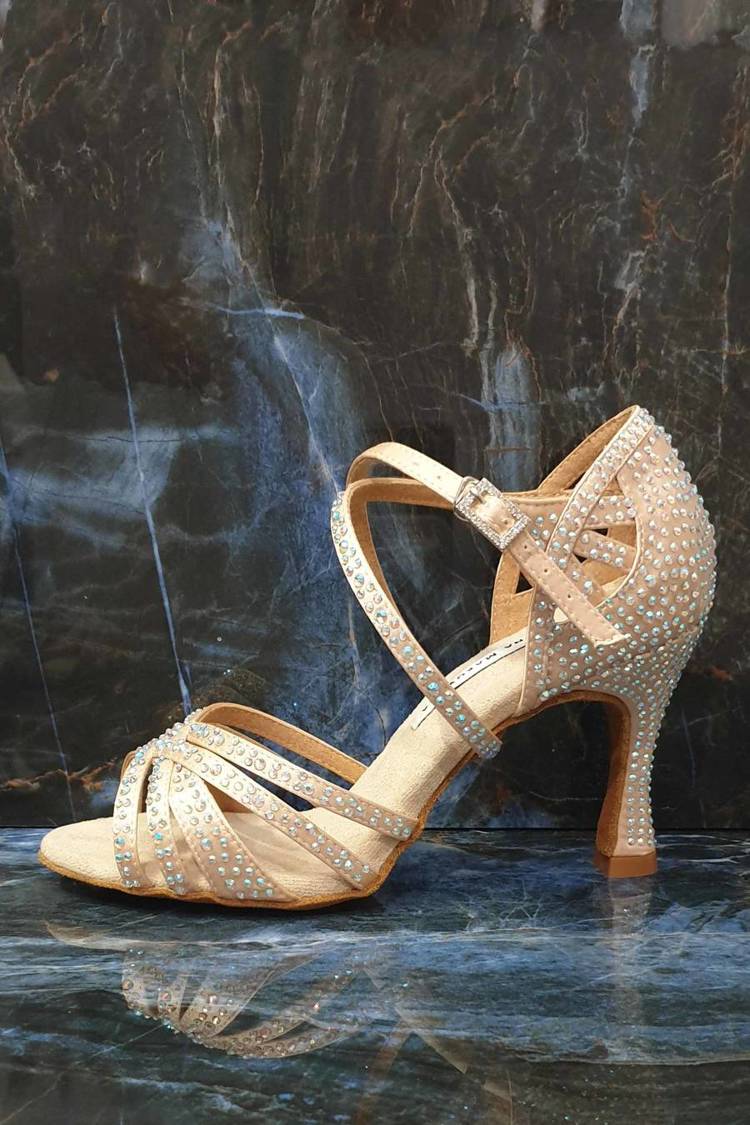  Latin dance shoes with crystals, for wedding, satin and natural leather wedding, nude color, heel 9 cm flare, Darling Crystal.